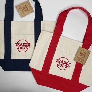 LOT Set of 2 — Trader Joe’s Grocery Canvas MINI Tote Bag w/ Pockets — Blue + Red